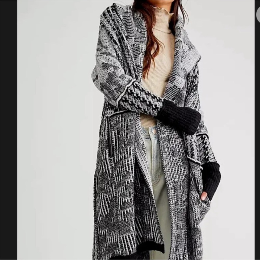 Free people mixed knit maxi cardigan sweater Harlow black white size small - Picture 3 of 11
